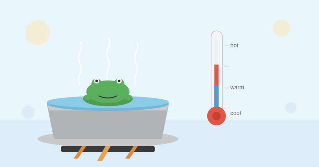 Illustration of a frog sitting in a pot of water over a flame, with a thermometer nearby rising from cool to hot, symbolizing gradual climate change denial